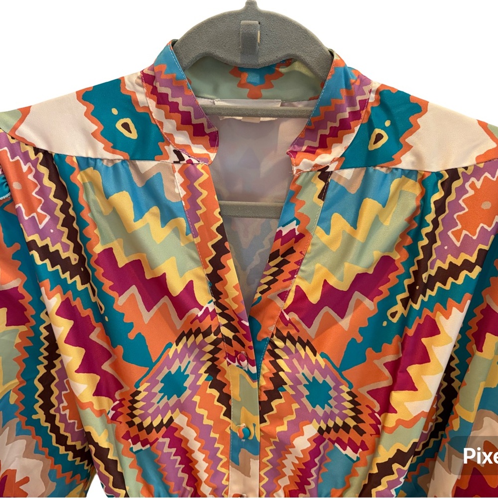 Pink Ripple Colorful Patterned Maxi Dress: long sleeve with button cuff